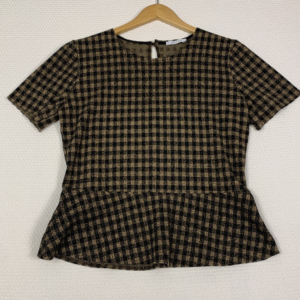 Zara Brown Plaid Peplum Blouse Top Womens Large L Short Sleeve Button Back